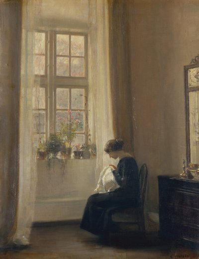 Una ragazza che cuce in un interno da Carl Holsoe
