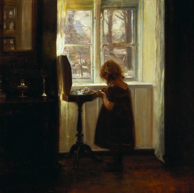 Ragazza in piedi accanto a un tavolo da cucito da Carl Holsoe