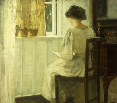 Una donna che legge in un interno illuminato dal sole da Carl Holsoe