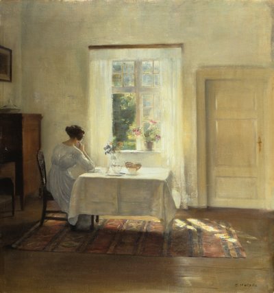 Una donna seduta a un tavolo vicino a una finestra, c.1900 da Carl Holsoe