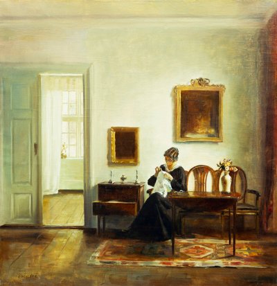 Donna che cuce in un interno da Carl Holsoe