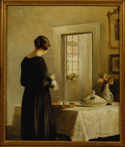Un interno con una donna a un tavolo da Carl Holsoe