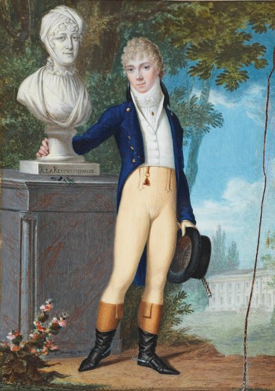 Tedesco: Ritratto di un giovane gentiluomo in costume da equitazione, nel parco di un castello, in piedi accanto al busto della madre con l