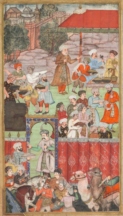 Un banchetto per Babur ospitato dal suo fratellastro Jahangir Mirza a Ghazni nel maggio 1505, da un Babur-nama (Memorie di Babur) da Carl Julius Rieden