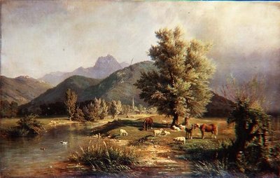 Paesaggio montuoso boscoso con cavalli e pecore da Carl Jutz