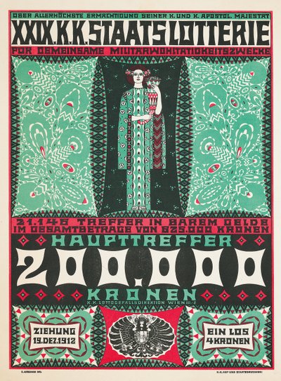 Poster pubblicitario per la 24ª lotteria di beneficenza reale austriaca nel 1912 da Carl Krenek