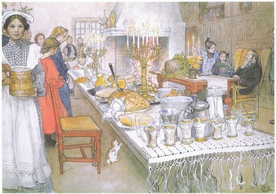 Alla vigilia di Natale, il lungo tavolo nella grande sala è completamente coperto di cibo da Carl Larsson