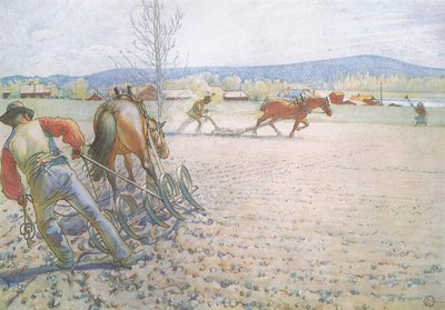 I due uomini con i loro erpici lavoravano metodicamente avanti e indietro da Carl Larsson
