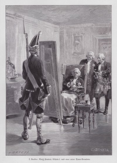 Re Federico Guglielmo I di Prussia che dipinge un granatiere della sua Guardia Gigante di Potsdam (incisione) da Carl Ludwig Friedrich (after) Becker