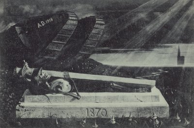 Un carro armato alleato vittorioso della Prima Guerra Mondiale passa accanto alla tomba di un soldato di cavalleria francese della Guerra Franco-Prussiana da Carl Ludwig Friedrich Becker