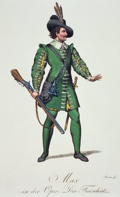 Max, bozzetto di costume per Der Freischutz (Il tiratore scelto o il cacciatore libero), di Carl Maria von Weber da Carl Maria von Weber
