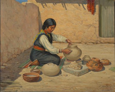 Donna Hopi che fa ceramica da Carl Moon