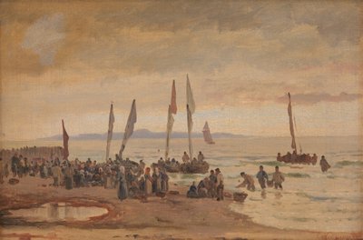 Pescatori di ritorno accolti sulla spiaggia di Hornbæk da Carl Neumann