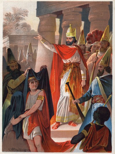 Su un segno di Sarastro, un sacerdote stende grandi vele nere sul Principe Tamino e la Principessa Pamina. Illustrazione di Carl Offterdinger (1829-1889) in "Il flauto magico" (Die Zauberflöte, The Magic Flute). Collezione privata da Carl Offterdinger