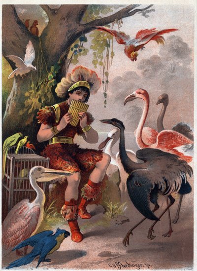 Papageno con un flauto di Pan porta gli uccelli dalla foresta. Illustrazione di Carl Offterdinger (1829-1889) in "Il flauto magico" (Die Zauberflöte, flauto magico, The Magic Flute). Collezione privata da Carl Offterdinger