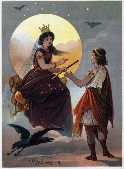 Il principe Tamino davanti alla Regina della Notte incantatrice offre sua figlia in matrimonio se riesce a liberarla dalle mani del crudele Sarastro. Illustrazione di Carl Offterdinger in 