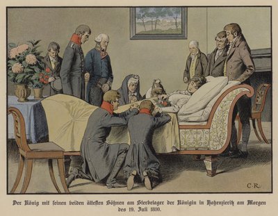 Il re Federico Guglielmo III di Prussia e i suoi due figli maggiori accanto al letto di morte della regina Luisa la mattina del 19 luglio 1810 da Carl Röchling