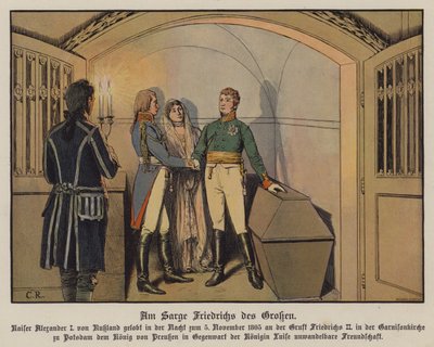 Lo zar Alessandro I di Russia visita la tomba di Federico il Grande a Potsdam con il re Federico Guglielmo III e la regina Louise di Prussia e giura la sua incrollabile amicizia, 5 novembre 1805 da Carl Röchling