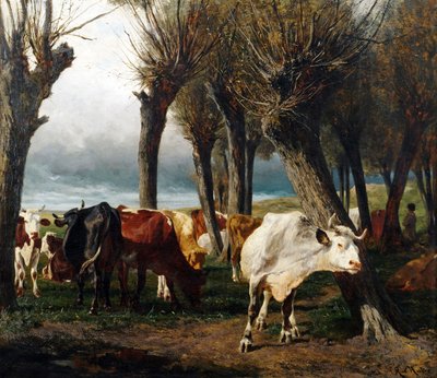 Tedesco: Mandria di bovini sotto salici impollinati. da Carl Rudolf Huber