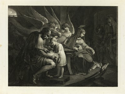 La Sacra Famiglia occupata a casa: Giuseppe insegna al ragazzo Gesù a leggere. Maria nutre i piccioni. Elisabetta entra nella stanza con Giovanni da Carl Russ