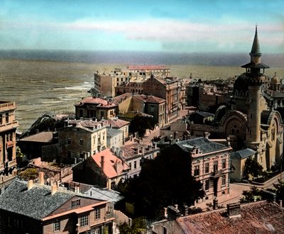 Romania, città di Costanza, uno dei più grandi porti sul Mar Nero. Vista sulla Grande Moschea Mahmudiye, circa 1920 da Carl Simon