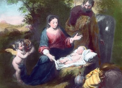 Il Bambino Gesù Dormiente con Angeli, Maria e Giuseppe. Dipinto (non datato) del pittore barocco spagnolo Bartolome Esteban Murillo (1617 - 1682). Data immagine: circa 1900. Archivio Carl Simon da Carl Simon