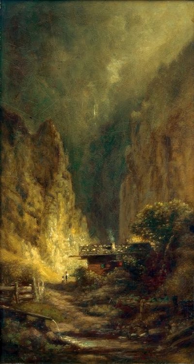 Mulino davanti a una gola rocciosa con due figure da Carl Spitzweg