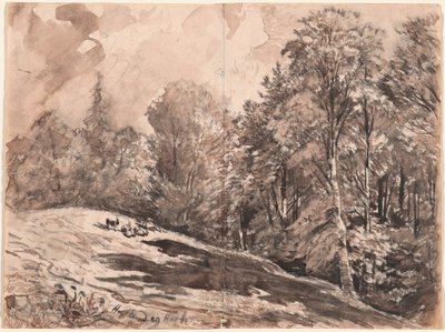Un prato con un pastore e capre al margine di una foresta da Carl Wagner