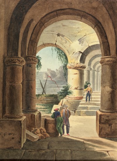 Vista del mare attraverso un chiostro da Carl Wilhelm Goetzloff