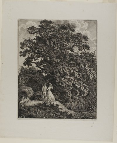 Paesaggio boschivo con una coppia elegante che cammina sotto una quercia da Carl Wilhelm Kolbe, the elder
