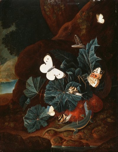 Natura morta sul pavimento della foresta con una lucertola, farfalle, lumaca e un serpente da Carl Wilhelm de Hamilton