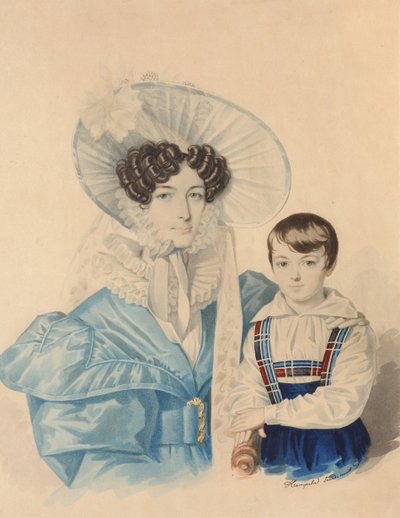Ritratto di Anna Platonovna Plautina 1808-1886 con suo figlio, 1830s da Carl von Hampeln