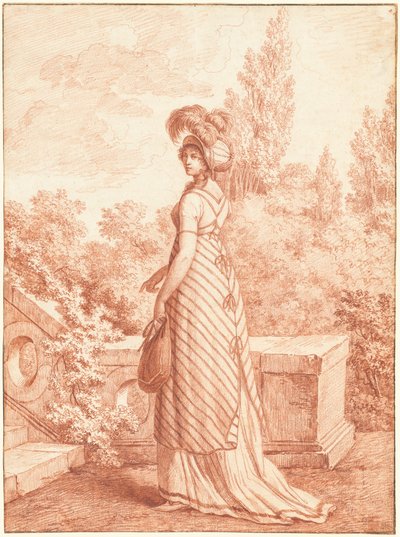 Donna alla moda in piedi in un parco da Carle Vernet