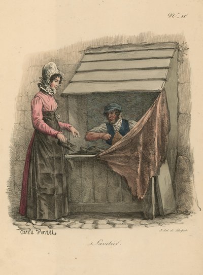 Calzolaio seduto dietro un banco da Carle Vernet