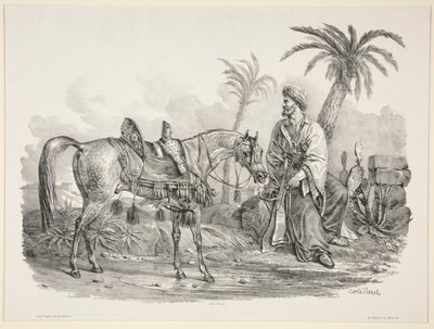 Arabo seduto che tiene le briglie di un cavallo arabo da Carle Vernet
