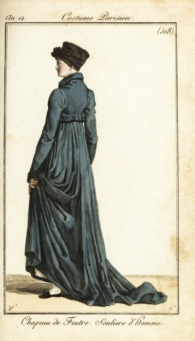 Donna con cappello di feltro, lungo cappotto da equitazione, pantofole da uomo, Parigi da Carle Vernet