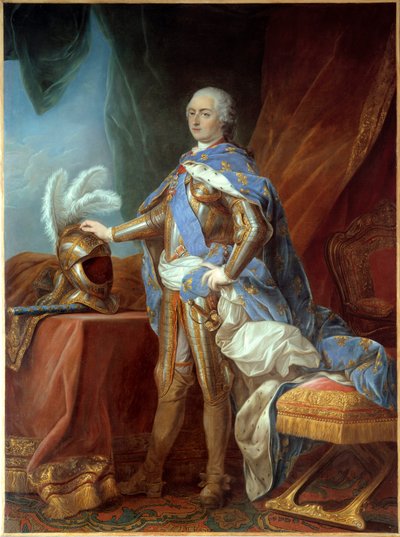 Ritratto a figura intera di Luigi XV (1710-1774), in armatura, mano posata su un elmo. Dipinto di Carle Van Loo (1705-1765) da Carle van Loo