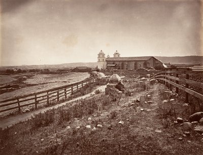 Santa Barbara e Chiesa della Missione, 1876, stampato ca. 1876 da Carleton Emmons Watkins