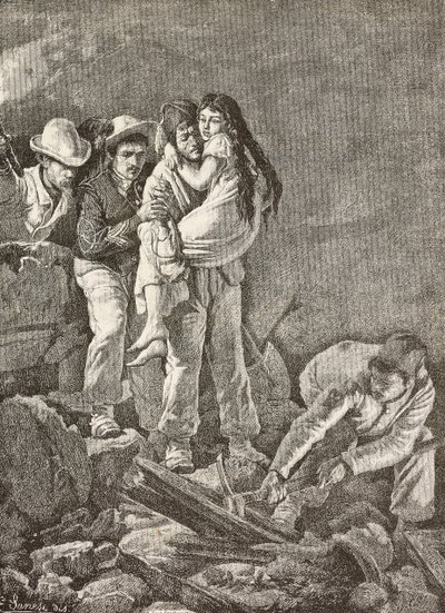 Una ragazza viene salvata dopo il crollo della sua casa, terremoto di Casamicciola, Italia, incisione da un disegno di E Sanesi e un dipinto di Carlo Ademollo (1824-1911), da L