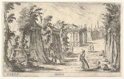 Vista con un uomo con turbante e un leone a destra, tende e architettura classica..., 1680-1710 da Carlo Antonio Buffagnotti