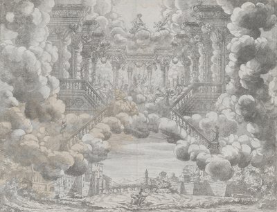 Scenografia con figure allegoriche su una scala, da 