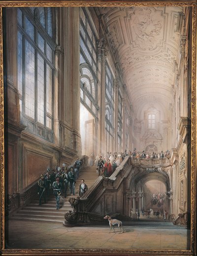Re Vittorio Emanuele II, Cavour, Ministri e la Corte scendono le scale nel Senato a Torino, dopo il discorso di apertura al Parlamento Subalpino da Carlo Bossoli