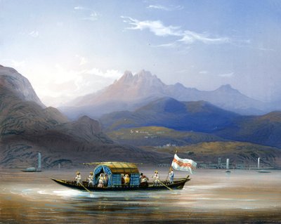 Lago di Como. Una barca. Sullo sfondo, si vede il Monte Groma, circa 1830. Dipinto di Bossoli. Como, collezione privata da Carlo Bossoli