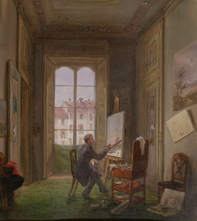 Il pittore Giuseppe Canella al lavoro su una tela nel suo studio, c.1830 da Carlo Canella