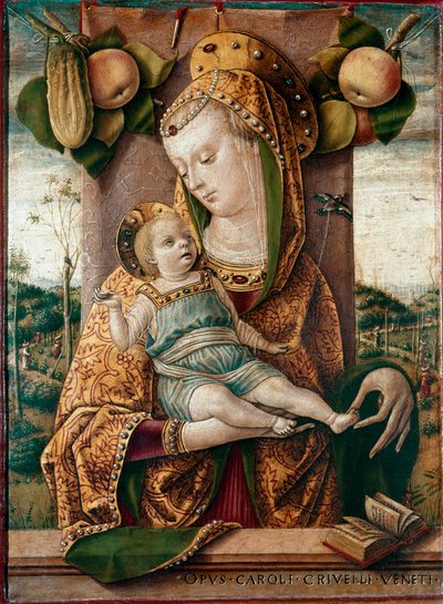 Vergine con Bambino con mele e un cetriolo, in basso un libro aperto (bibbia) da Carlo Crivelli