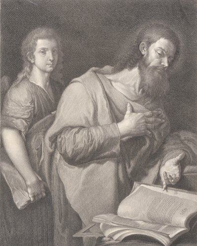 San Matteo, in piedi davanti a un libro a destra con una mano sul petto, un altro uomo be..., 1750-84 da Carlo Faucci