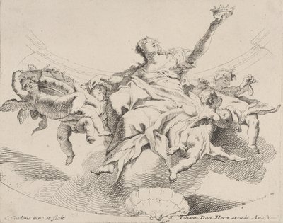 Potere, rappresentato da una donna seduta sulle nuvole che tiene una corona e circondata da putti da Carlo Innocenzo Carloni