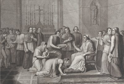 Una donna si inginocchia per baciare il piede di Papa Pio VII, con una folla dietro di lei a sinistra, 1814-50 da Carlo Lasinio