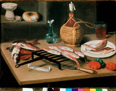 Natura morta con piatti di pesce grigliato (triglie) e bottiglia di vino. Dipinto di Carlo Magini. Faenza, Pinacoteca comunale da Carlo Magini