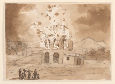 Disegno, Paesaggio con torre in fiamme, 1780 ca. da Carlo Marchionni
